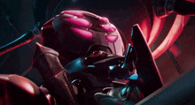 a purple and black robot with a hammer on it
