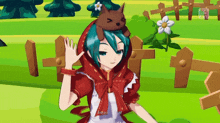 a girl in a red hood with a brown dog on her head