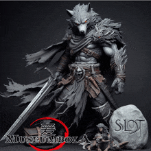 a statue of a werewolf holding a sword is displayed in front of a sign that says museumbola
