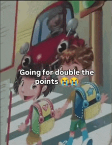 a cartoon of a boy and a girl crossing a street with a car behind them .