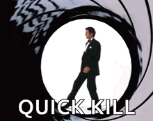 a man in a tuxedo is walking through a bullet hole with the words quick kill written on it