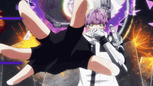 a cartoon character with purple hair is holding a sword