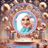 a woman in a white hijab is surrounded by balloons and presents