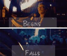 a man is standing in front of a crowd and the words begins and falls are written on the bottom