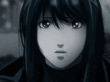 a black and white photo of a anime girl with long black hair