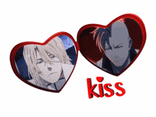 a couple of hearts with the word kiss in red