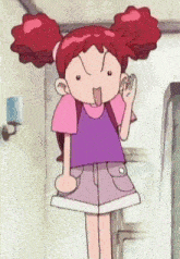 a girl with red hair is wearing a purple shirt