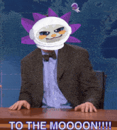 a man in a suit and bow tie is sitting at a desk with the words to the moooon !!! written on the table
