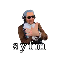 a man in a costume with the word syfm on the bottom right