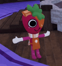 a cartoon character is wearing a scarf and gloves and has a strawberry on his head