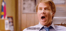 a man in a striped shirt and tie is making a funny face and saying i fucked up .