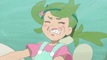 a cartoon of a girl with green hair and overalls making a funny face