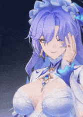 a girl with purple hair and a white dress
