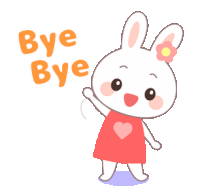 a cartoon bunny says bye bye with a flower in her hair