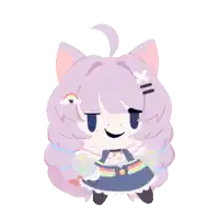 a cartoon drawing of a girl with purple hair and a x on her forehead