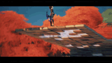 a person is standing on top of a wooden platform with a sword in their hand