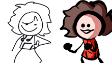 a black and white drawing of a stick figure with a red shirt on