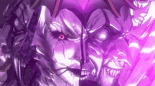 a close up of a purple statue of a man with red eyes and a skull on a purple background .