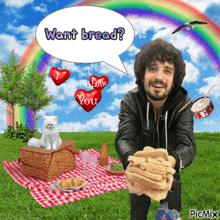 a man holding a loaf of bread in front of a speech bubble that says want bread
