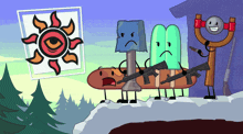 a group of cartoon characters are standing on a hill with guns
