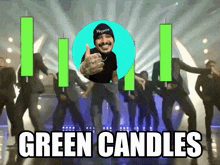 a group of people are dancing in front of green candles and the words green candles on the bottom