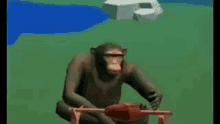 a chimpanzee is riding a bike in a video game while holding a red object .