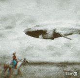 a painting of a man riding a horse and a whale flying in the sky with the word story below it