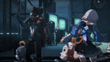 a man in a cowboy hat holds a gun while a girl in a blue dress looks on