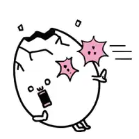 a cartoon drawing of a broken egg with a surprised look on its face