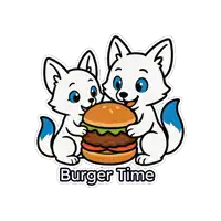 a sticker of two foxes eating a hamburger with the words burger time below them