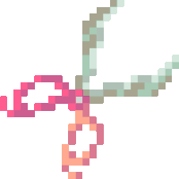 a pixel art drawing of a pair of scissors with a pink ribbon