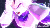 a close up of a person 's face with a purple background .