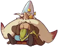 a cartoon drawing of a man with a beard and a hat holding a frog