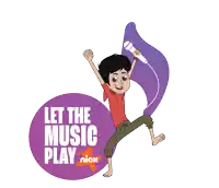 a cartoon boy holding a microphone with the words let the music play nick below him