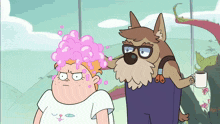 a cartoon dog is holding a cup of coffee next to a girl with bubbles in her hair