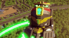an aerial view of a robot with a green light coming out of its eyes