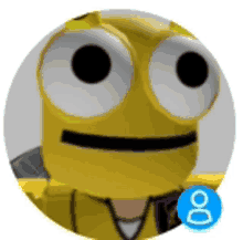 a yellow cartoon character with big eyes is in a circle with a blue circle with the number 8 on it