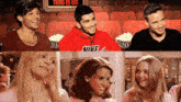 a man wearing a red nike hoodie sits in a theater with other people