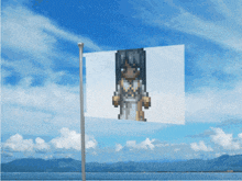 a flag with a pixelated image of a woman flying in the wind