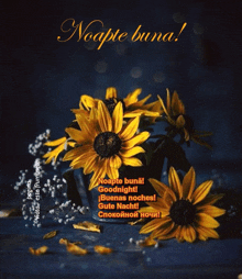 a bouquet of yellow flowers with the words noapte buna on the bottom