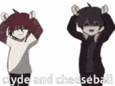 a couple of anime characters standing next to each other with their hands in their hair .