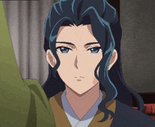 a close up of a cartoon character with blue hair