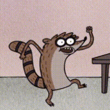 a cartoon of a raccoon standing next to a table with its mouth open