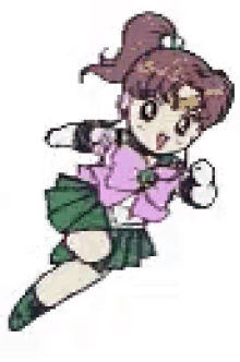 a pixel art of a girl in a green skirt and a purple bow .