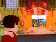 a cartoon of a man standing in front of a fire with a picture of zemma on it