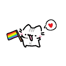 a cartoon cat is holding a rainbow flag and has a heart in a speech bubble .