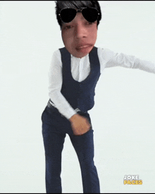a man wearing sunglasses and a vest is dancing in front of a white background that says joke faces on it