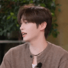 a close up of a young man wearing a sweater and a microphone .