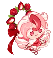 a cartoon character with pink hair and a wreath of strawberries on her head .