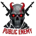 a skull with horns and the words public enemy written below it